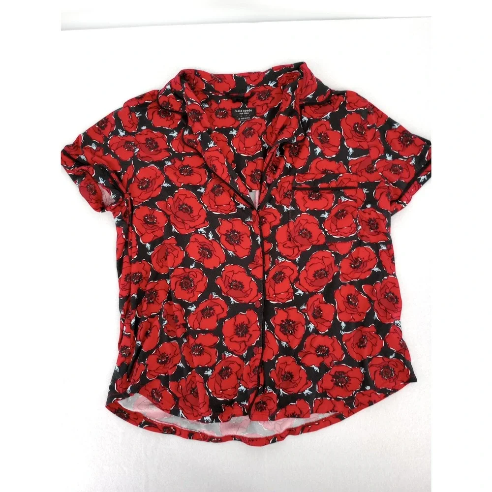 Kate Spade Pajama Top Women Medium Red Poppy Floral Short Sleeve Button Front